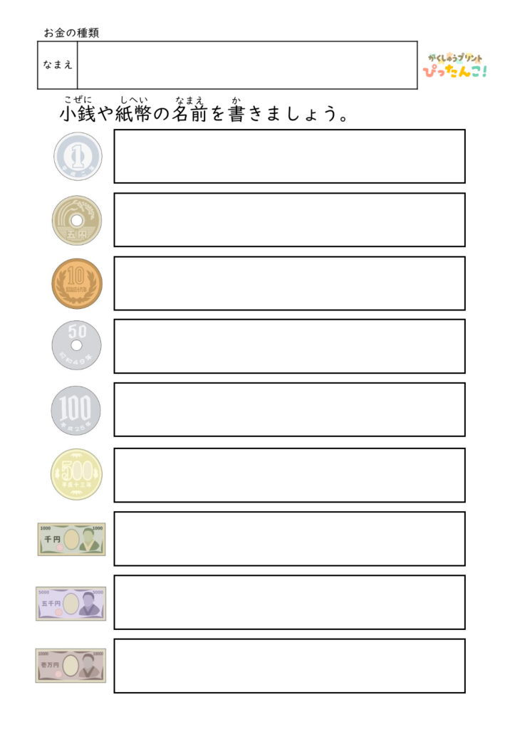 お金の種類 学習プリント 小学生向け 硬貨と紙幣の名前を書く 金銭の基礎理解を育てる練習