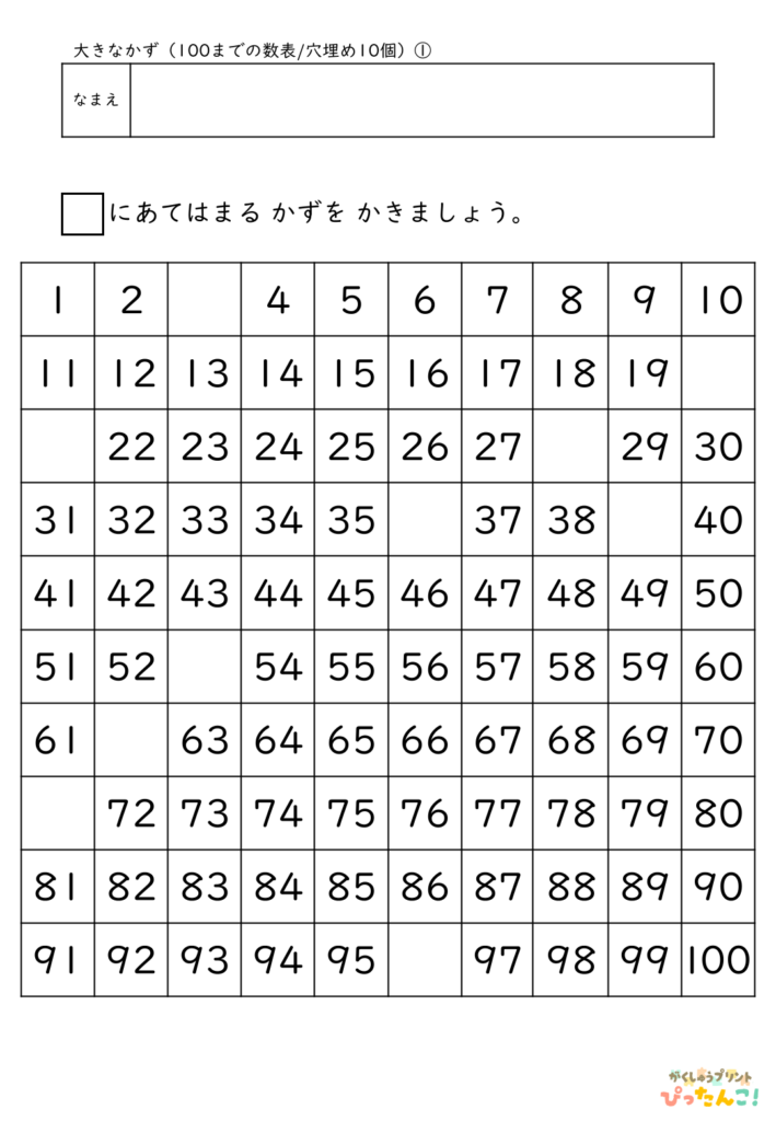 小学校1年生(小1)算数の大きな数で学習する100までの数表の無料プリントのアイキャッチ画像