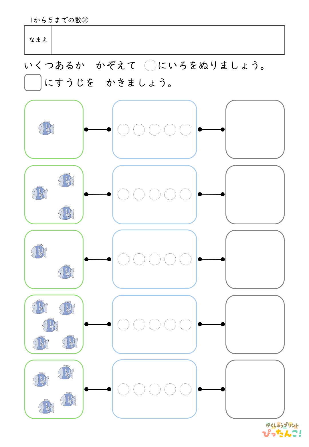 1から5の数 学習プリント イラストを数えて色塗りと数字を書く 数と量を結びつける基礎学習2