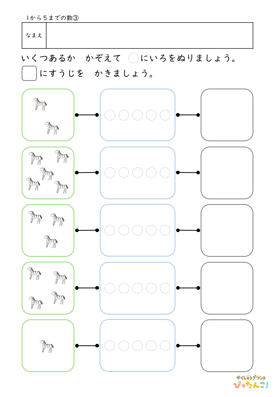 1から5の数 学習プリント イラストを数えて色塗りと数字を書く 数と量を結びつける基礎学習3