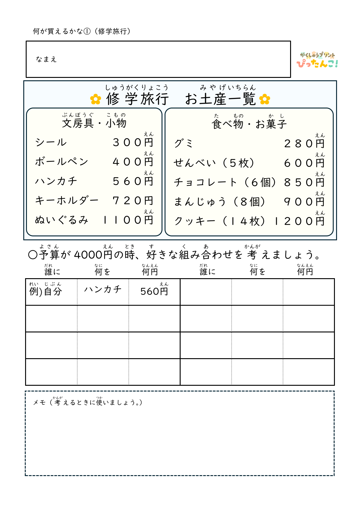 修学旅行 お土産選びプリント 予算4000円で買い物を考える 金銭感覚と計画力を育てる学習1