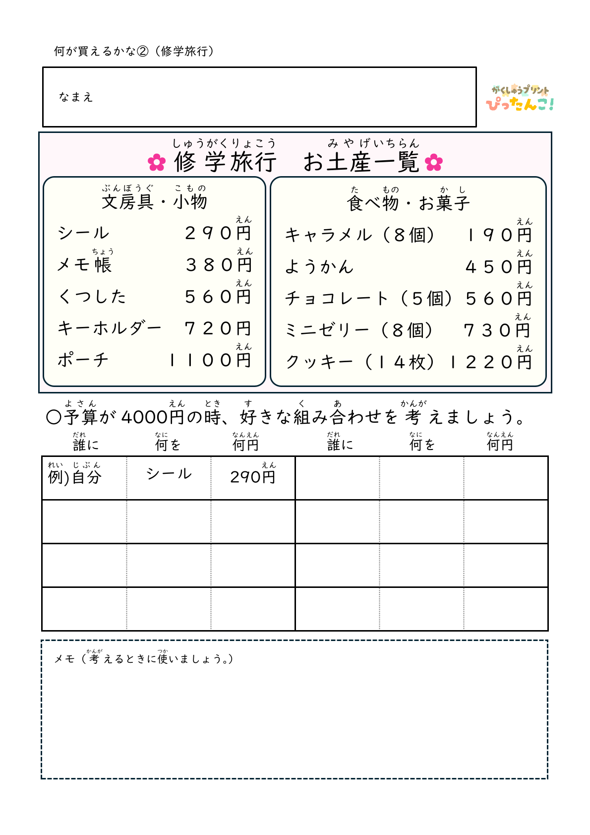 修学旅行 お土産選びプリント 予算4000円で買い物を考える 金銭感覚と計画力を育てる学習2