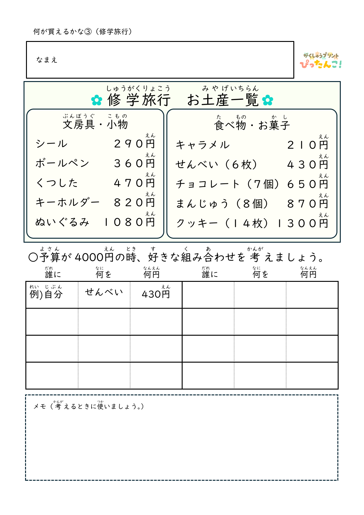修学旅行 お土産選びプリント 予算4000円で買い物を考える 金銭感覚と計画力を育てる学習3