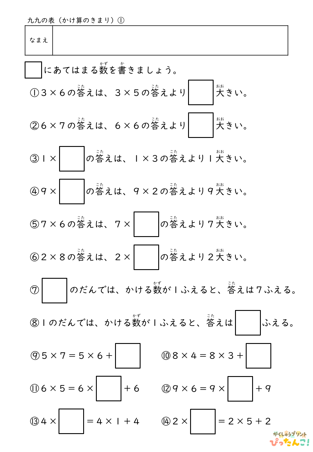 九九のきまり 学習プリント 小学2年生向け 九九表と規則を考える かけ算の理解を深める練習