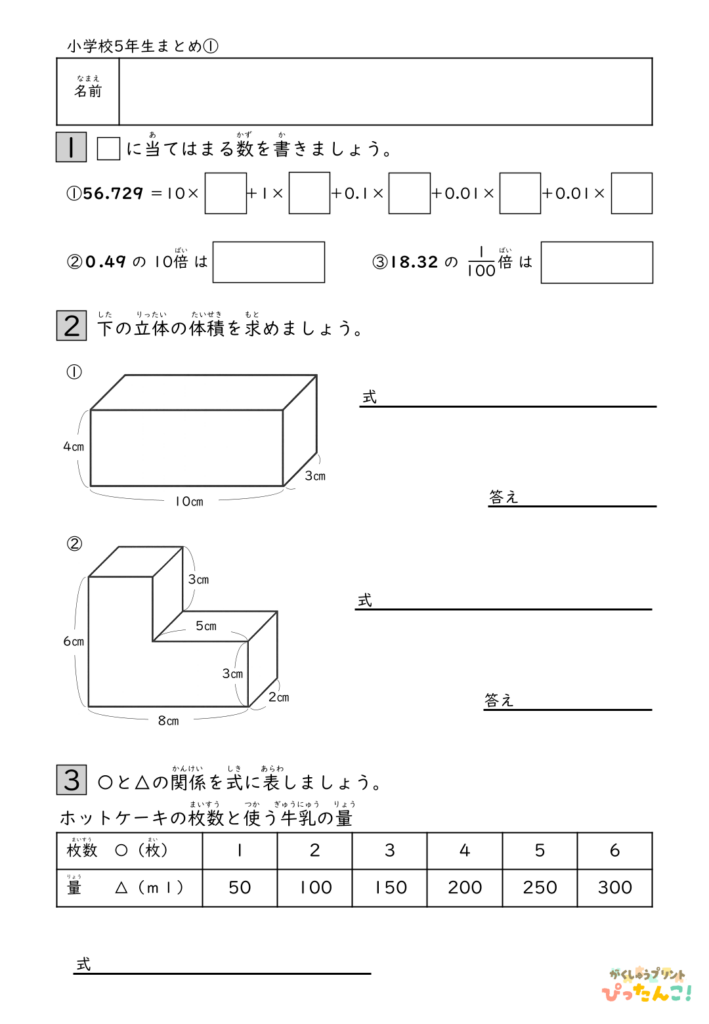小学5年生 算数総まとめプリント 小数分数割合図形を復習する 学年末の確認学習