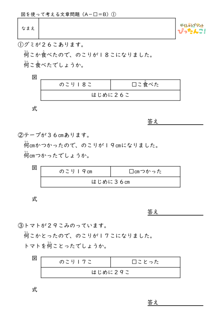 小学2年生 テープ図の文章題プリント 逆思考で考える A-□=Bの問題 図を使った減法逆減法の学習