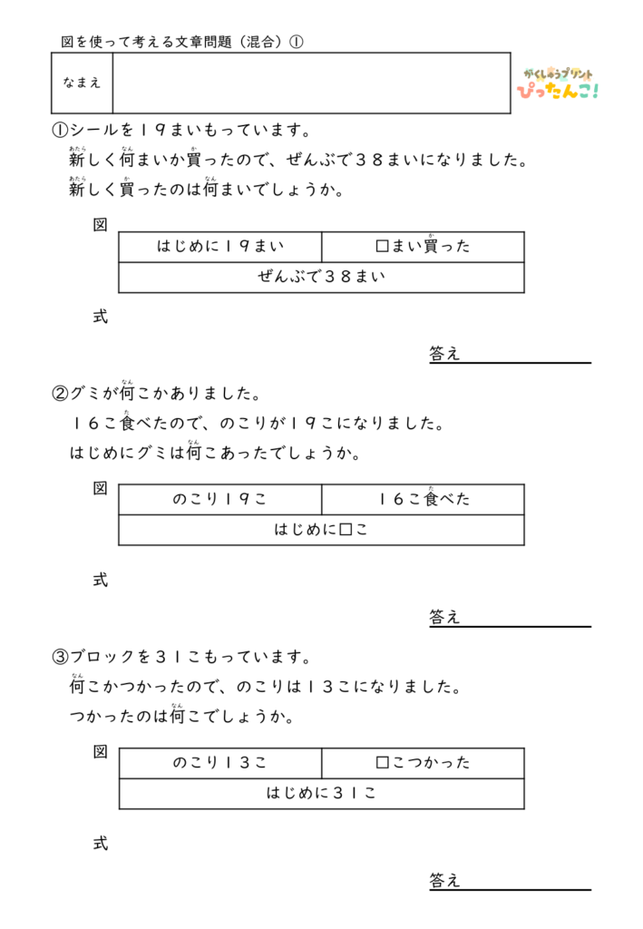 小学2年生 テープ図の文章題プリント 逆思考の混合問題 A+□=B・□-A=B・A-□=B 図を見て考える総合学習