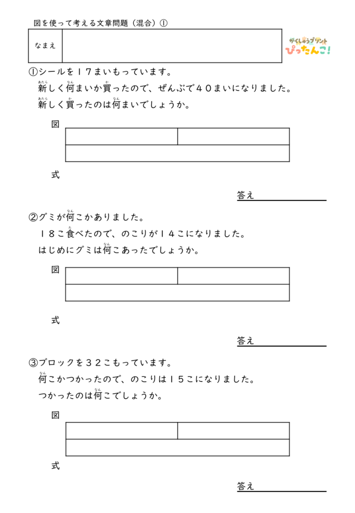 小学2年生 テープ図の文章題プリント 逆思考の混合問題 A+□=B・□-A=B・A-□=B 図を書き込んで考える総合学習