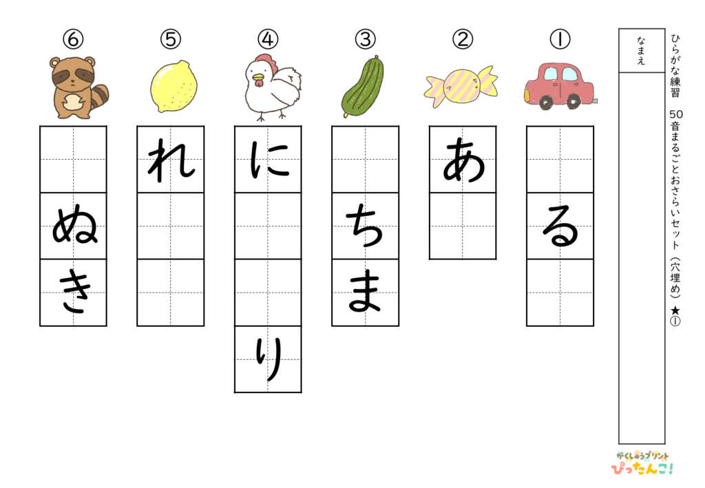 ひらがな50音穴埋めプリント 清音バージョン 半分空欄★ 4枚で50音を総復習し定着を深める学習教材
